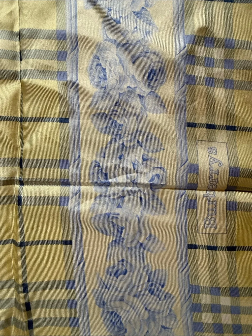 Burberry Cream and Blue Plaid Floral Silk Scarf. Vintage. Brand New.